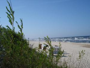 a house sitting on a beach next to the ocean at Ferienhaus Finnhütte in Zinnowitz