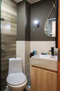 a bathroom with a toilet and a sink and a mirror at Apartment in Marshall Gudauri Project in Gudauri