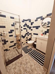 a bathroom with a shower and a toilet and a sink at ZIG ZAG apartment 6 - Old Town Constanta in Constanţa +13 photos
