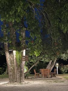 una fila de bancos de parque bajo los árboles por la noche en Sawasdee Lagoon Camping Resort en Ban Lam Pi