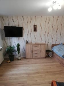 - une chambre avec un lit et une télévision murale dans l'établissement Emilka 2, à Suwałki