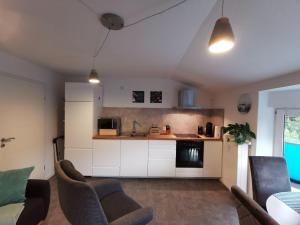 a living room with a kitchen with white cabinets at Fewo-Sveike in Neukirchen