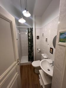 a bathroom with a sink and a toilet and a shower at Le Beau Site Grand Hotel - lovely heritage cocoon Aix-les-Bains central park in Aix-les-Bains