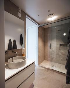 uma casa de banho com um lavatório e um chuveiro em Beautiful urban apartment 4 em Nelson