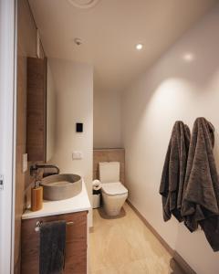 a bathroom with a sink and a toilet at Beautiful urban apartment 5 in Nelson +3 photos