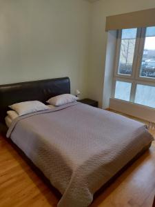 Una cama grande en un dormitorio con una ventana grande. en 4P Apartamentai prie PC Molas, en Klaipėda