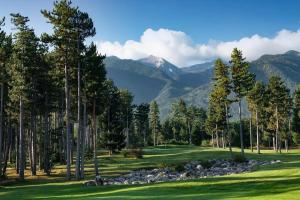 a golf course with trees and mountains in the background at Villa Katerina Deluxe - Pirin Golf and Country Club in Bansko