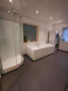 een badkamer met een bad en een douche en een koelkast bij Andenes Sentrum Apartment in Andenes