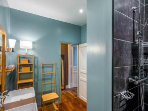 a bathroom with blue walls and a shower at Le chic d'Adam in Nancy
