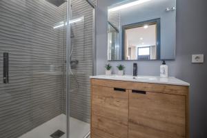 a bathroom with a shower and a sink and a mirror at Garesc Lofts in Córdoba