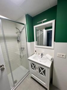 a bathroom with a shower and a sink and a mirror at Jardines del Porvenir 4 in Puerto Real