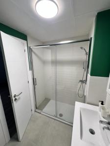 a bathroom with a shower and a sink and a glass shower stall at Jardines del Porvenir 4 in Puerto Real