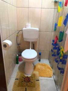 La salle de bains est pourvue de toilettes, d'une douche et d'un tapis. dans l'établissement Logerthine Studio Suriname, à Paramaribo