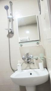 un bagno con lavandino, specchio e doccia di Guest House Lotus a Telavi