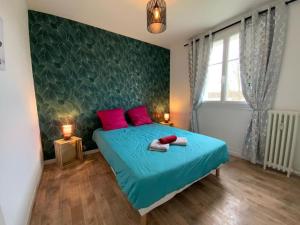 sypialnia z niebieskim łóżkiem z 2 różowymi poduszkami w obiekcie Chtx bel appart 3 chb parking w mieście Châteauroux