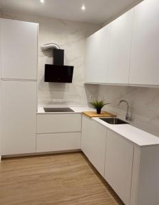 una cocina blanca con armarios blancos y fregadero en Apartamento Esencia San Vicente de la Sonsierra, en San Vicente de la Sonsierra