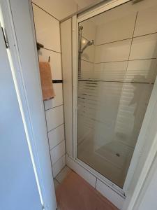 a shower with a glass door in a bathroom at Hami Home Hamburg in Hamburg