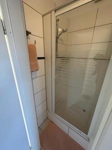 een douche met een glazen deur in een badkamer bij Hami Home Hamburg in Hamburg