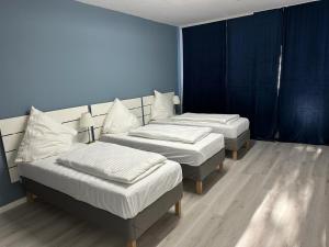 two beds in a room with blue walls at Hami Home Hamburg in Hamburg