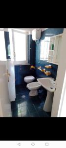 bagno blu con due servizi igienici e lavandino di Villa Eminenza a Cersuta di Maratea