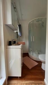 een badkamer met een douche, een wastafel en een toilet bij Le Bungalow in Bonningues-lès-Calais