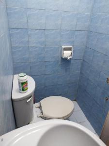 a bathroom with a toilet and a blue tiled wall at Banaga Residence in Talibon