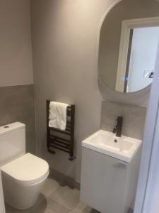 a bathroom with a toilet and a sink and a mirror at Luxury en-suite in modern house in Catford