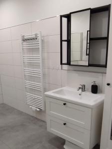 a white bathroom with a sink and a mirror at Ferienwohnungen Haus am Königssee in Zetel