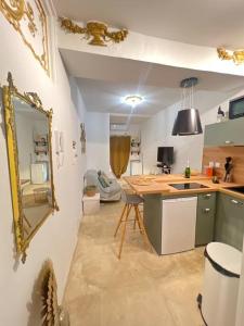 uma cozinha com um espelho, um lavatório e um balcão em Appart 1 chambre intra-muros avec JARDIN em Avignon