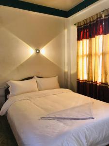 a bedroom with a white bed and a window at BABA lodge & restaurant in Sauraha