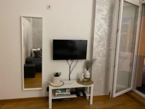 a living room with a tv on a wall at Apartman Bella Novi Beograd in Bežanija