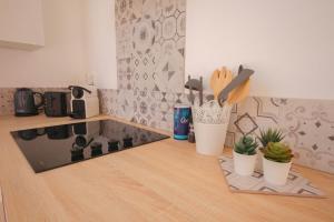 een keuken met potten en keukengerei op een aanrecht bij Lille centre- Nice and bright equipped studio in Lille