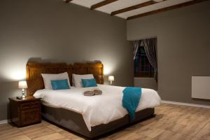 een slaapkamer met een groot bed met blauwe kussens bij Hendersons Lodge Ltd in Senekal