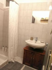 łazienka z umywalką i zasłoną prysznicową w obiekcie Gemütliche Landhauswohnung w mieście Payerbach
