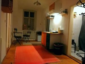 a kitchen with an orange rug on the floor at Ferienwohnung Pleesz in Payerbach