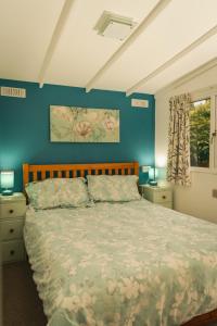 a bedroom with a bed and a blue wall at Bunny Lodge 30 - Riverside in Builth Wells