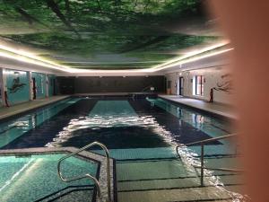 a large swimming pool with a ceiling with trees at Cosy 3 Bed lodge on 35 acre Holiday Estate in Bodmin