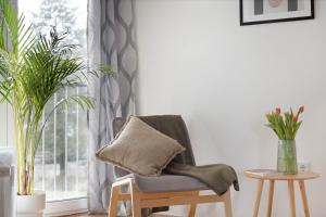 a chair with a pillow in a room with plants at Schöne Apartments in Bad Rothenfelde I private Parkplätze mit Ladesäulen I home2share in Bad Rothenfelde