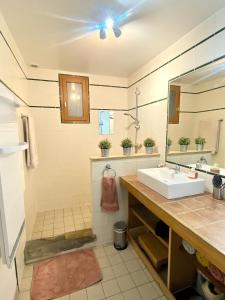 Kúpeľňa v ubytovaní GITE DE L'ASPE 135m2, 6p, 3ch avec piscine privative, jardin ombragé clos