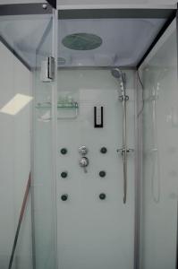 een douche in een badkamer met een glazen deur bij PentGarden penthouse jacuzzi in Târgu Jiu