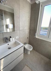 ein Bad mit einem Waschbecken, einem WC und einem Fenster in der Unterkunft Moderno, ristrutturato, 1 km dal centro storico! in Carpi