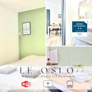 een collage van foto's met een slaapkamer en een tafel bij Le OSLO, à 50m de la gare TV connecté+Fibre in Poitiers