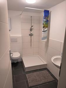 uma casa de banho com um chuveiro, um WC e um lavatório. em Ideale Unterkunft für Geschäftsreisende, Studenten, Monteure in Essen em Essen