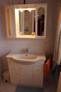 a bathroom with a sink and a mirror at Ferienwohnung Löffelberger in Hallein