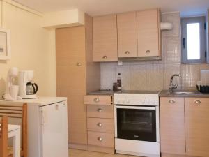 a kitchen with a white oven and wooden cabinets at Poliana Estate Studios in Kotrónion