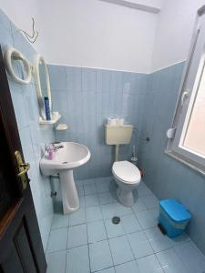 a small bathroom with a toilet and a sink at Eiffel's Guest House in Pogradec