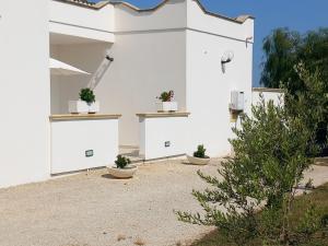 une maison blanche avec trois plantes en pot sur des étagères dans l'établissement Agriturismo Terra dei Profumi, à Otrante