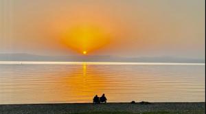 Kinar的住宿－Doga Resort - דוגה ריזורט，两个人坐在水体的岸边