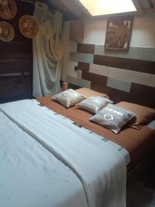 a bedroom with two beds with pillows on them at Chalet des secrets in Lyaud