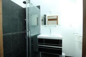 a bathroom with a sink and a glass shower at LOUSTERAPH in Saint-Rémy-de-Provence +6 photos